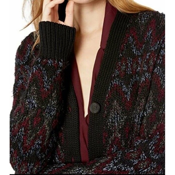 Lucky Brand  Cardigan Black Red Shine Fair Isle Button Up Grandpa chunky boho XS - Picture 3 of 14